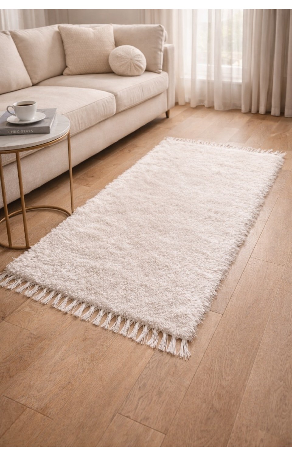 El Dokuma Bambu Viskon Yumuşak İplik 70x140 cm Peluş Halı Paspas Beyaz