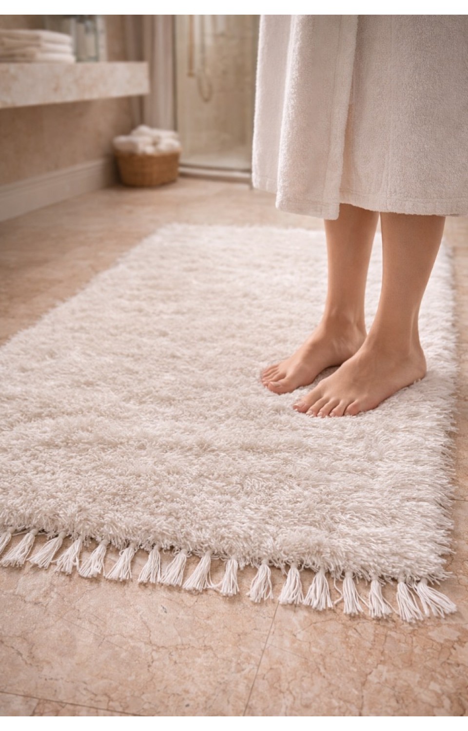 El Dokuma Bambu Viskon Yumuşak İplik 70x140 cm Peluş Halı Paspas Beyaz El Dokuma Bambu Viskon Yumuşak İplik 70x140 cm Peluş Halı Paspas Beyaz