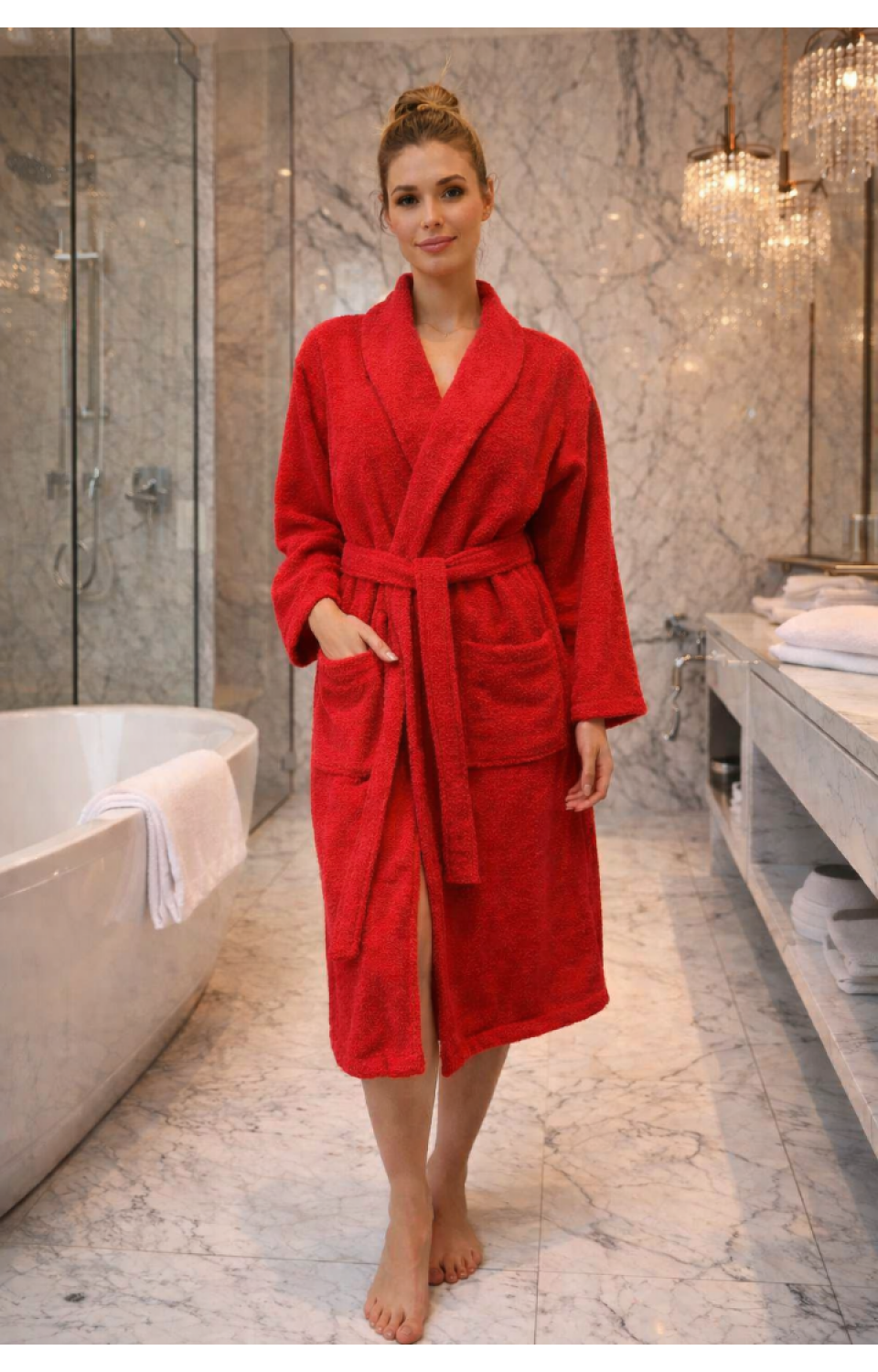 Şal Yaka Cepli Pamuklu Bornoz Kırmızı