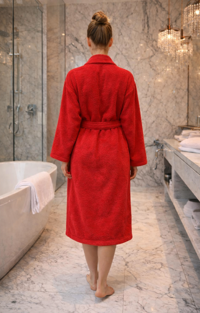 Şal Yaka Cepli Pamuklu Bornoz Kırmızı