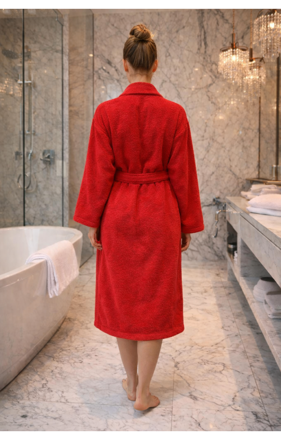 Şal Yaka Cepli Pamuklu Bornoz Kırmızı