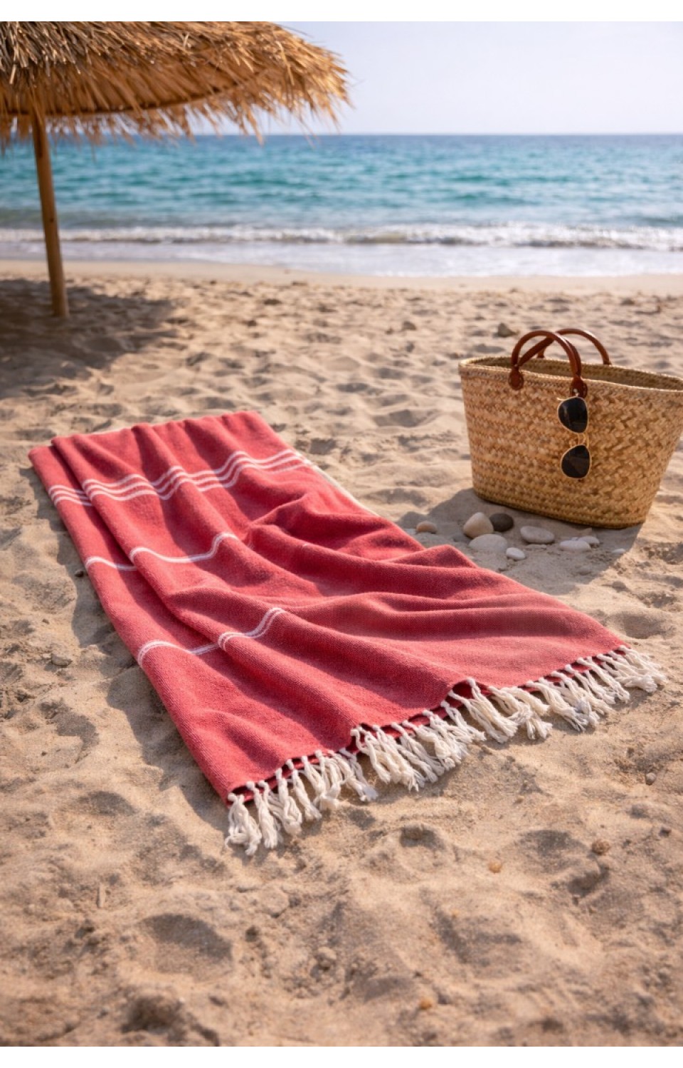 Çizgili %100 Pamuk 90x180 cm Peştemal Plaj Banyo Havlusu Kırmızı