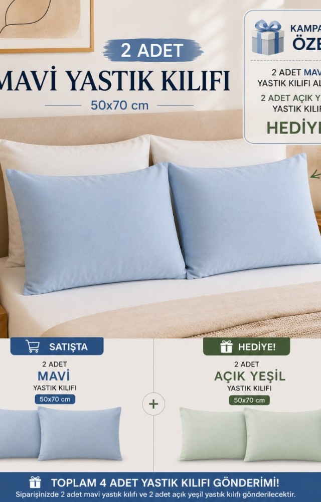 2 Adet 50x70 cm %70 Pamuk %30 Polycotton Yastık Kılıfı (2 Adet Hediye)