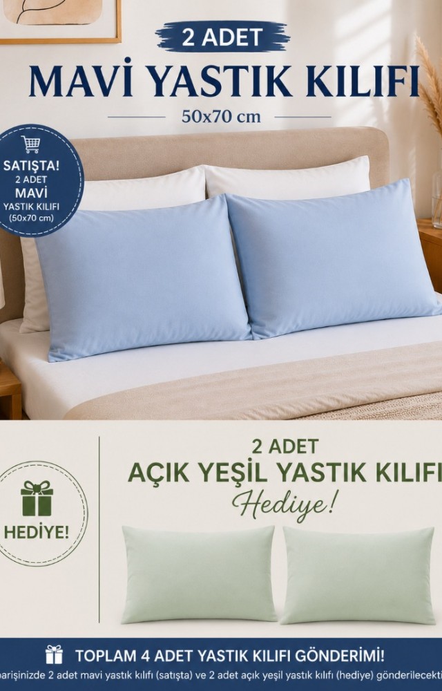 2 Adet 50x70 cm %70 Pamuk %30 Polycotton Yastık Kılıfı (2 Adet Hediye)