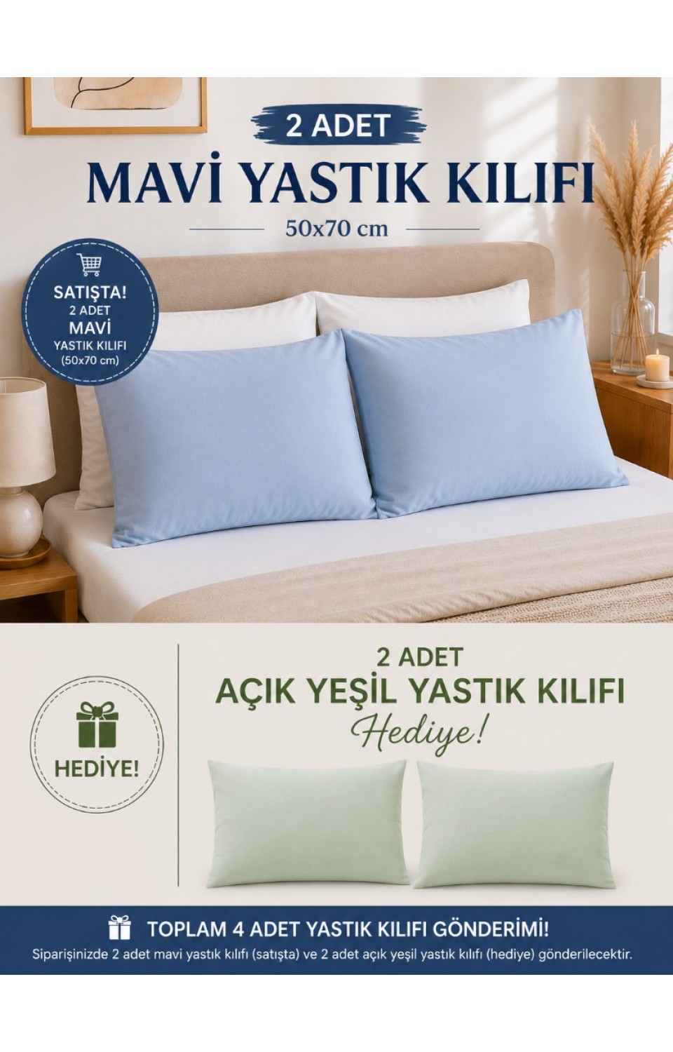 2 Adet 50x70 cm %70 Pamuk %30 Polycotton Yastık Kılıfı (2 Adet Hediye)