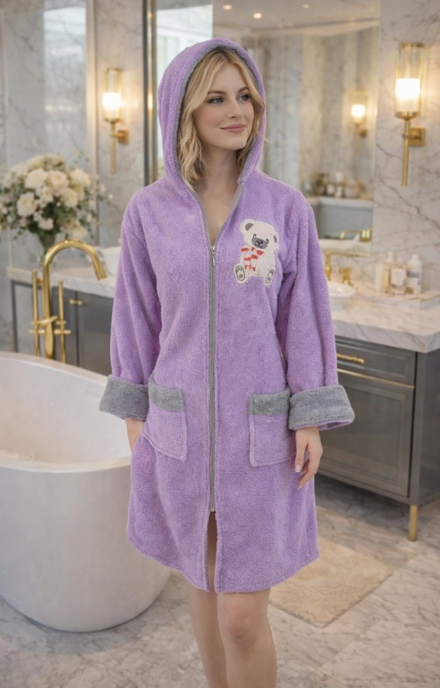 Kapüşonlu Fermuarlı Cepli Sabit Kuşak Detaylı Pamuklu Bornoz Mor