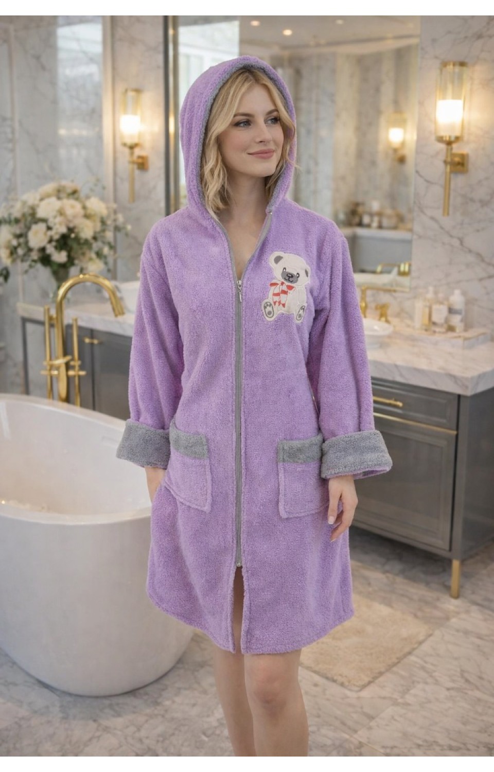 Kapüşonlu Fermuarlı Cepli Sabit Kuşak Detaylı Pamuklu Bornoz Mor