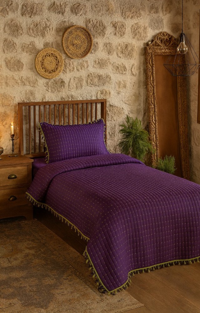 Püsküllü Çift Taraflı  180x250 cm Yatak Örtüsü 1 Adet 50x70 cm Yastık Kılıfı Yatak Örtüsü Seti