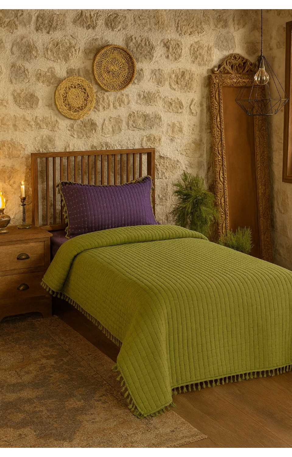 Püsküllü Çift Taraflı  180x250 cm Yatak Örtüsü 1 Adet 50x70 cm Yastık Kılıfı Yatak Örtüsü Seti