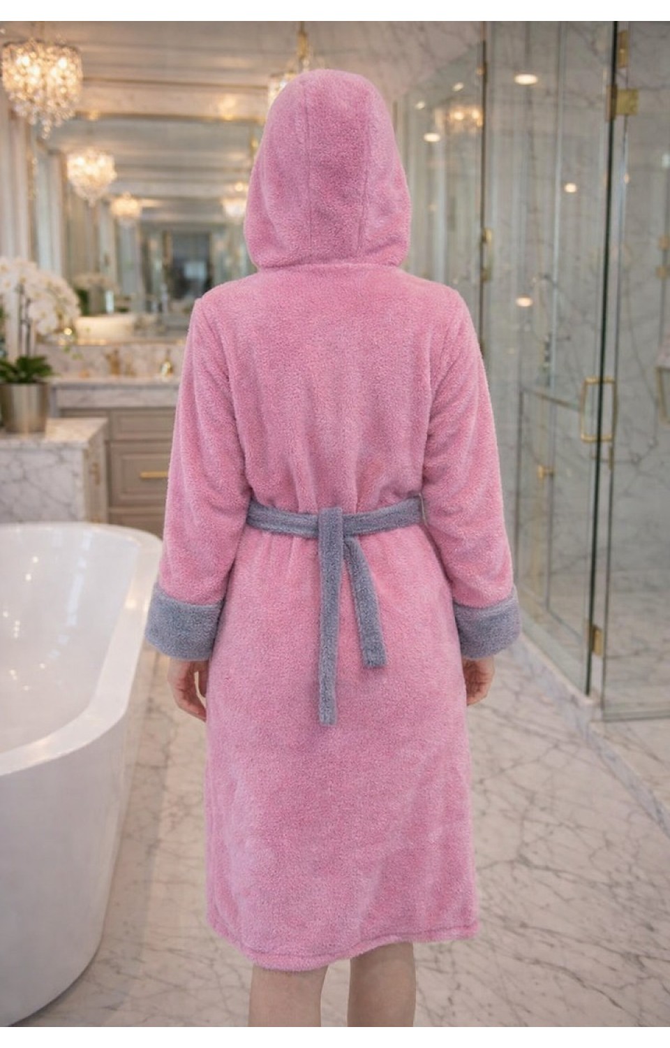 Kapüşonlu Fermuarlı Cepli Sabit Kuşak Detaylı Pamuklu Bornoz Pembe