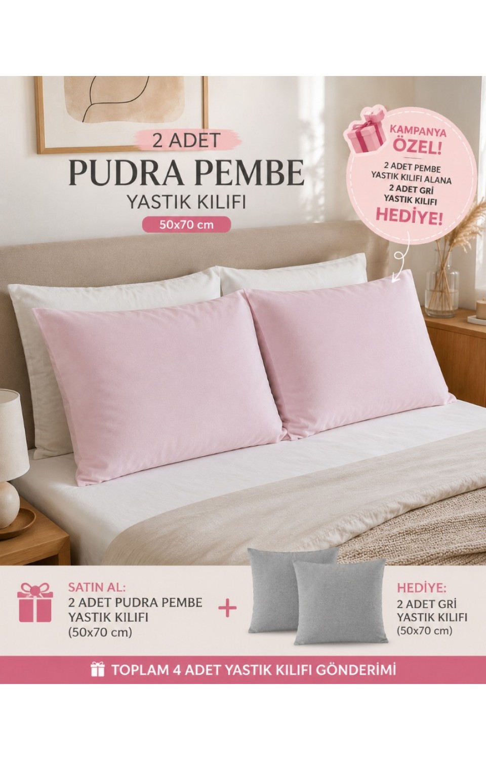 2 Adet 50x70 cm %70 Pamuk %30 Polycotton Yastık Kılıfı (2 Adet Hediye)
