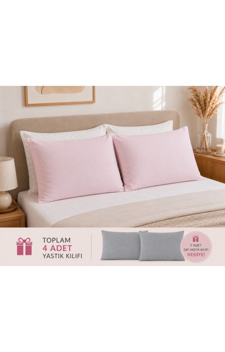 2 Adet 50x70 cm %70 Pamuk %30 Polycotton Yastık Kılıfı (2 Adet Hediye)