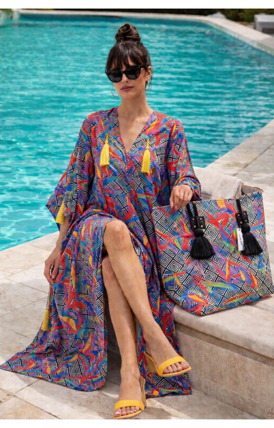 Kadın Yazlık Kimono Plaj Çantası Takım Renkli