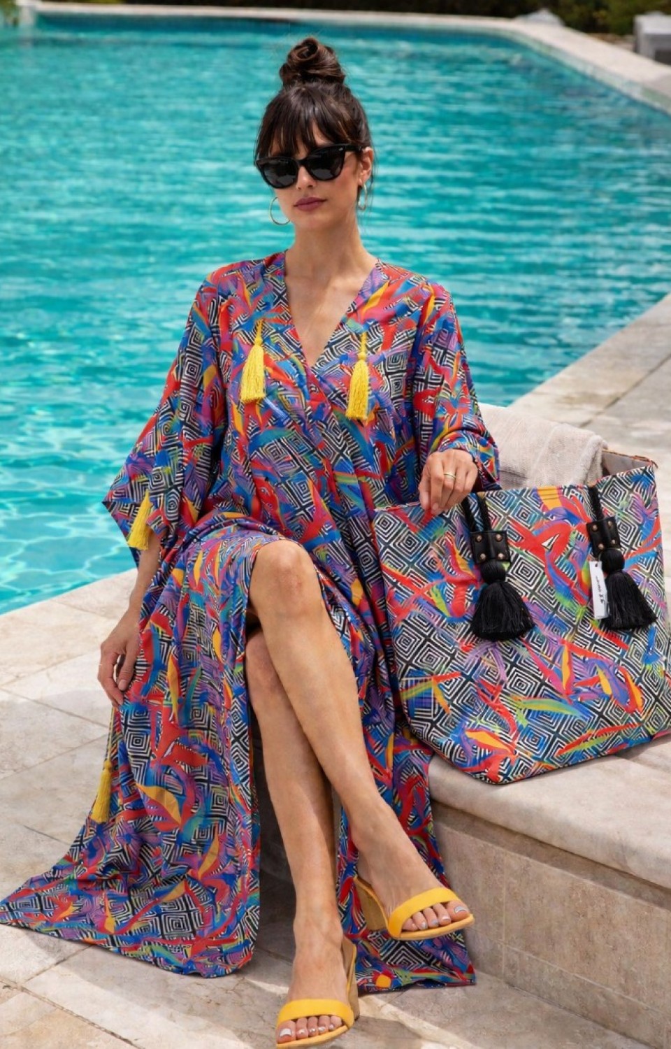 Kadın Yazlık Kimono Plaj Çantası Takım Renkli