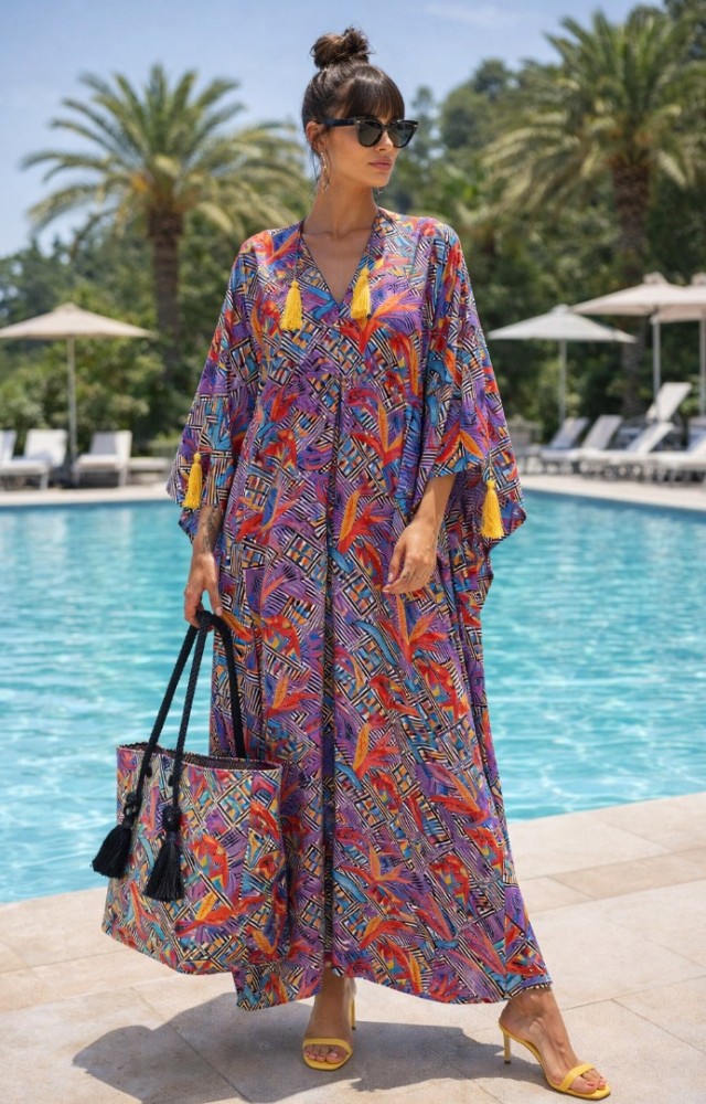 Kadın Yazlık Kimono Plaj Çantası Takım Renkli