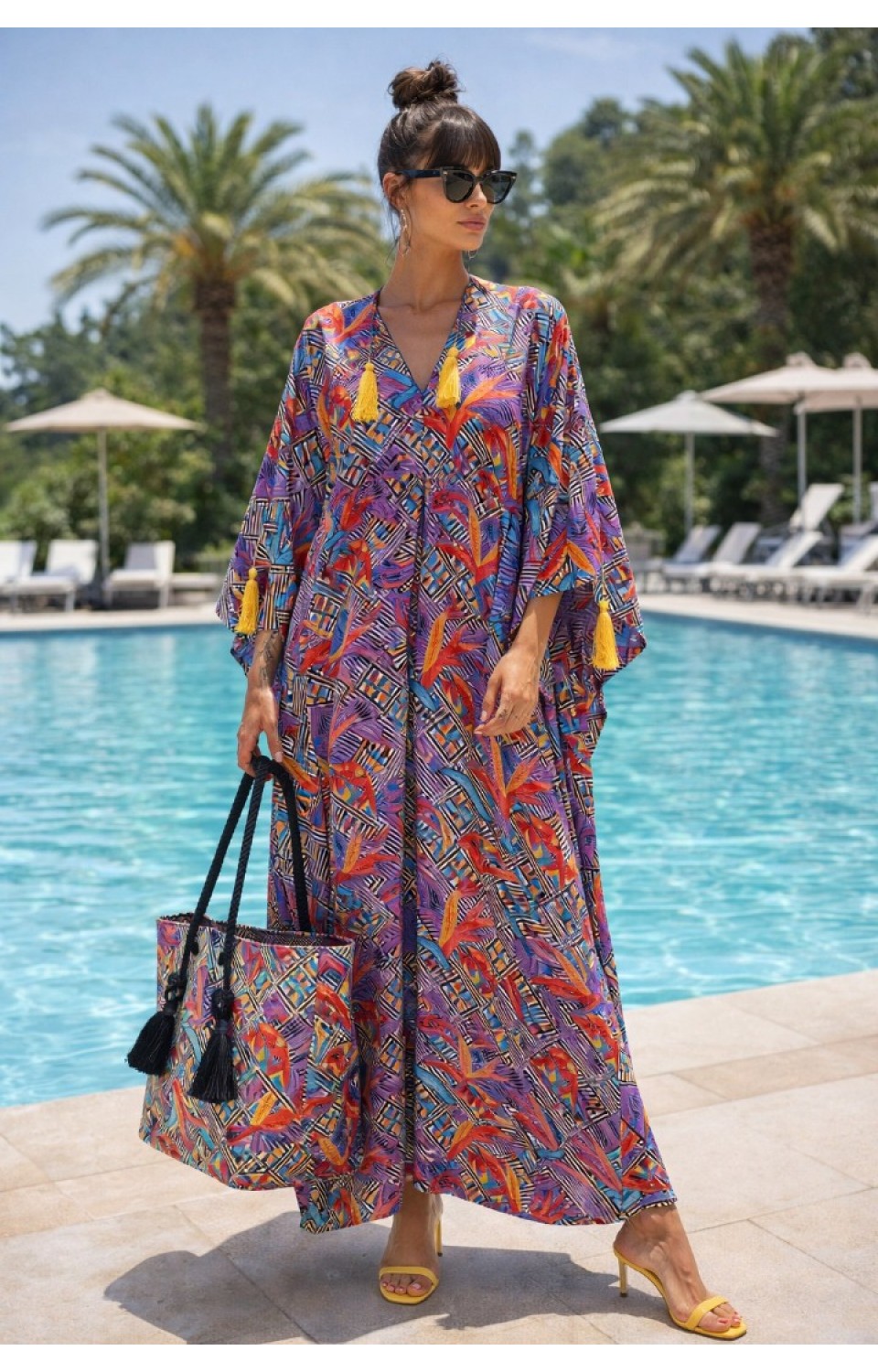 Kadın Yazlık Kimono Plaj Çantası Takım Renkli