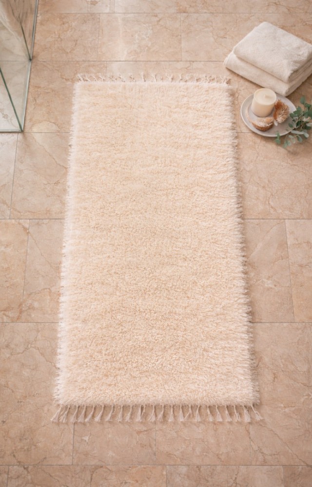 El Dokuma Bambu Viskon Yumuşak İplik 70x140 cm Peluş Halı Paspas Krem