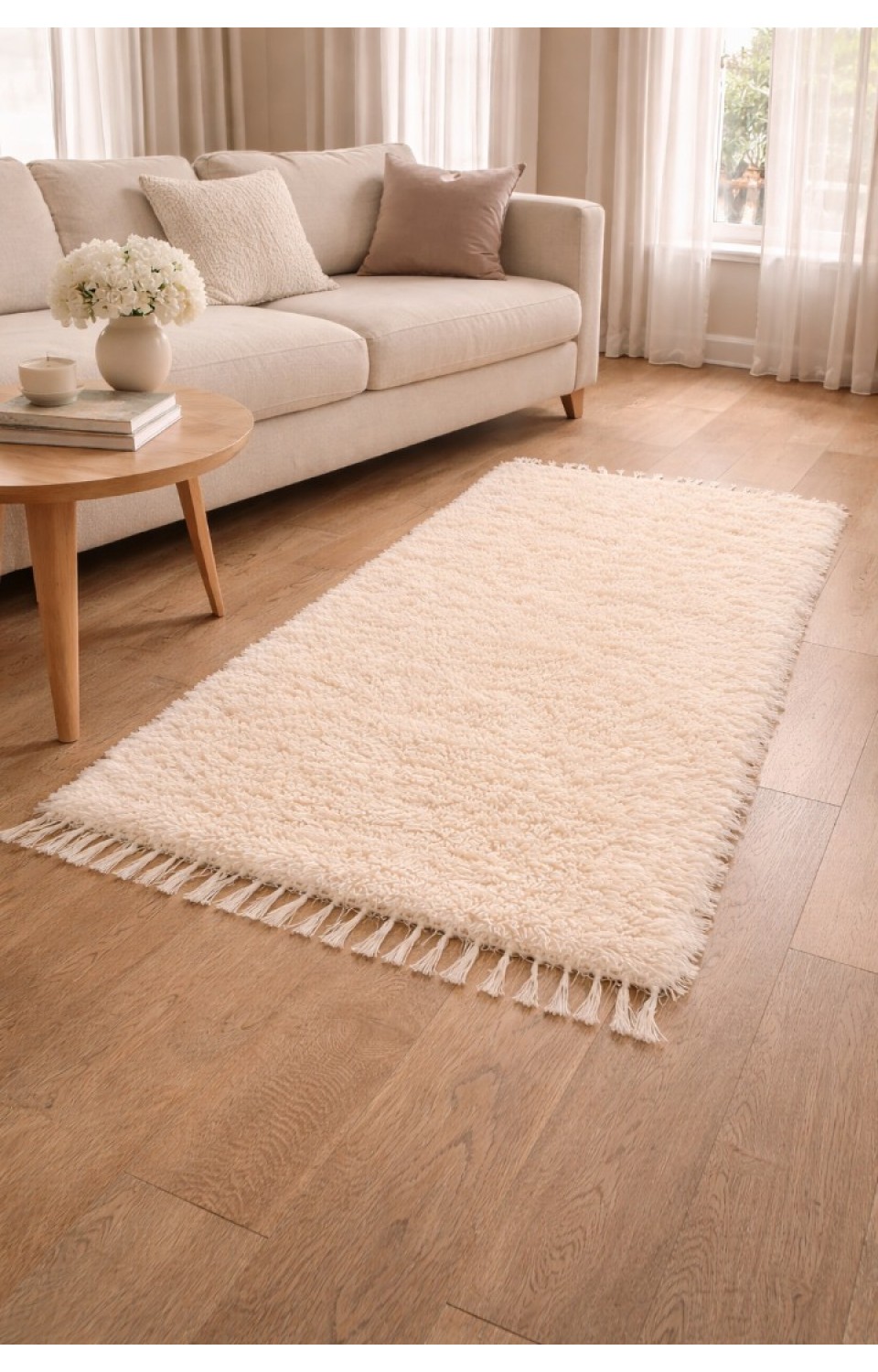 El Dokuma Bambu Viskon Yumuşak İplik 70x140 cm Peluş Halı Paspas Krem