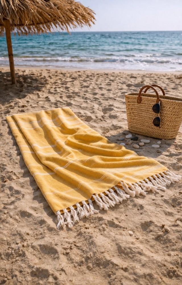 Çizgili %100 Pamuk 90x180 cm Peştemal Plaj Banyo Havlusu Sarı