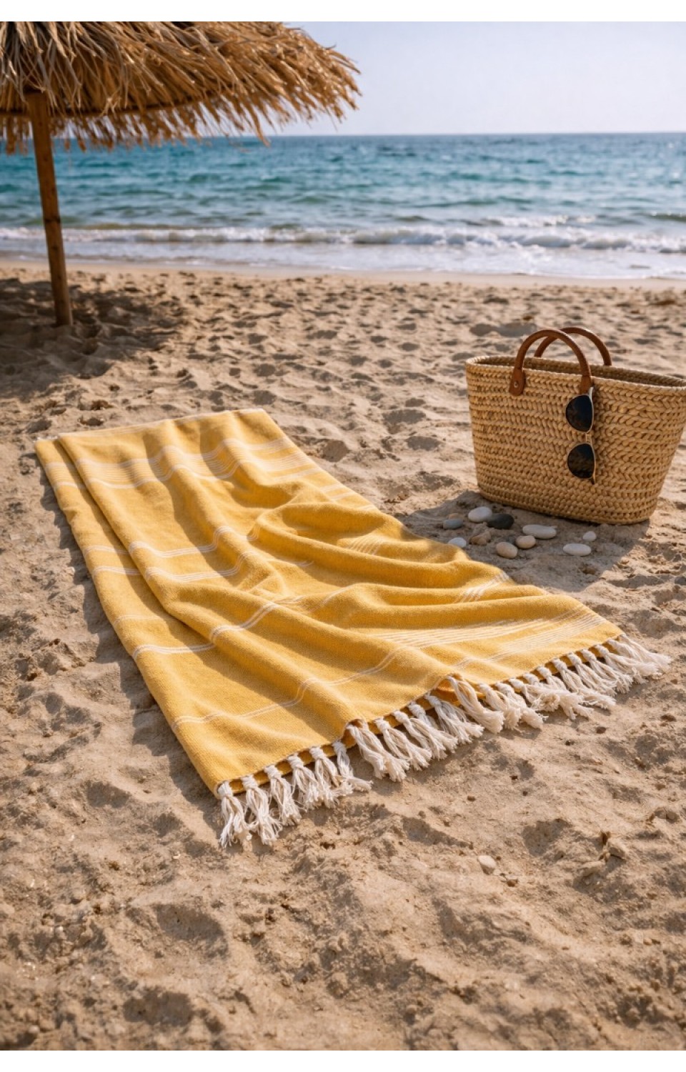 Çizgili %100 Pamuk 90x180 cm Peştemal Plaj Banyo Havlusu Sarı