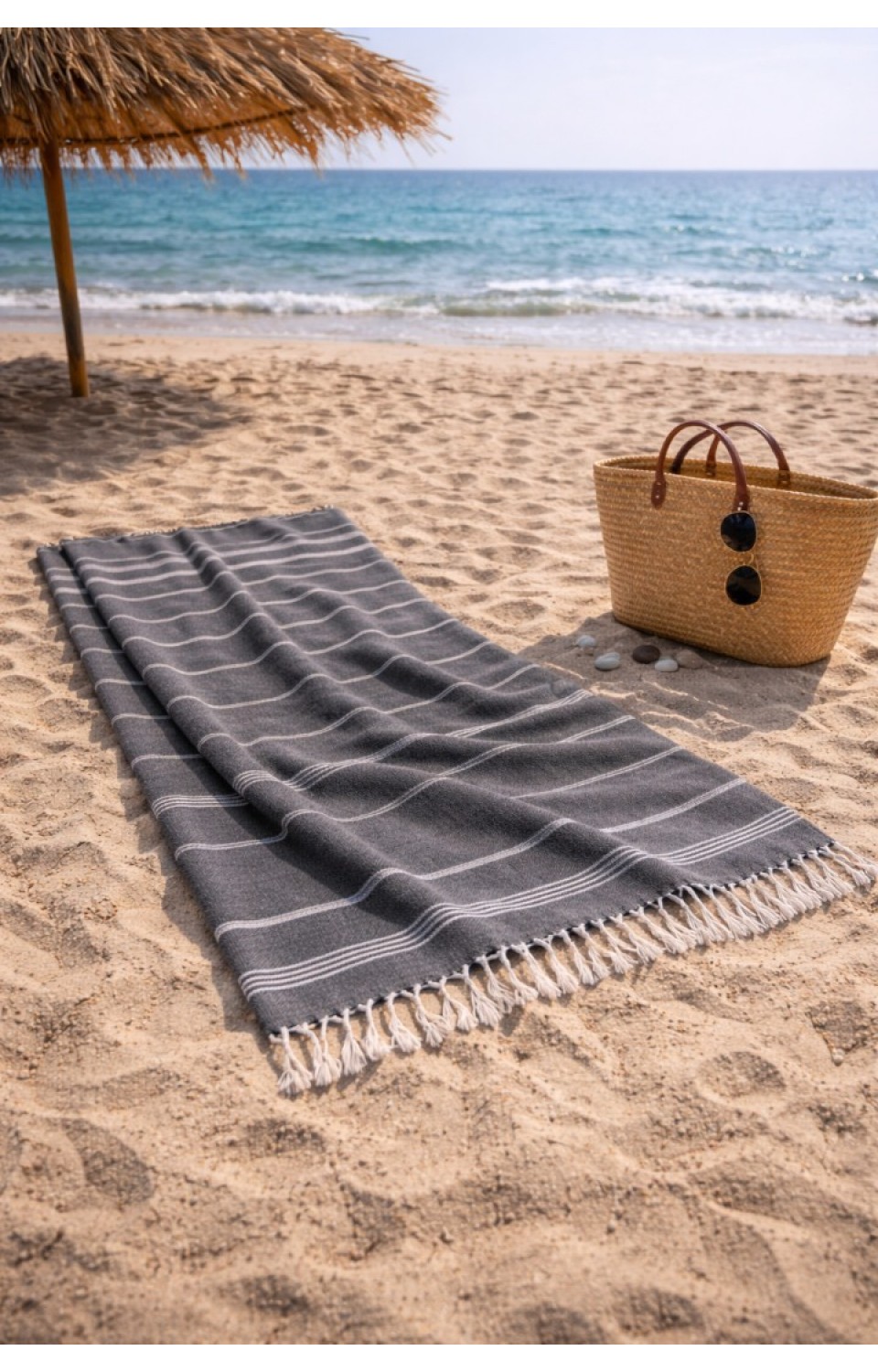 Çizgili %100 Pamuk 90x180 cm Peştemal Plaj Banyo Havlusu Siyah