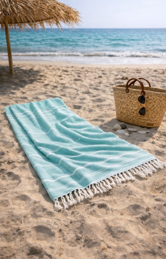 Çizgili %100 Pamuk 90x180 cm Peştemal Plaj Banyo Havlusu Su Yeşili