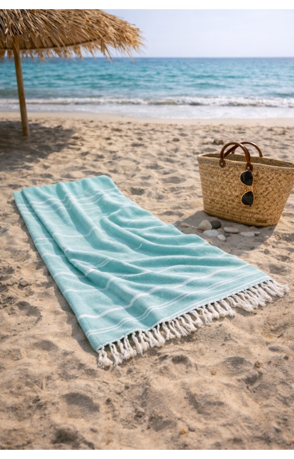 Çizgili %100 Pamuk 90x180 cm Peştemal Plaj Banyo Havlusu Su Yeşili