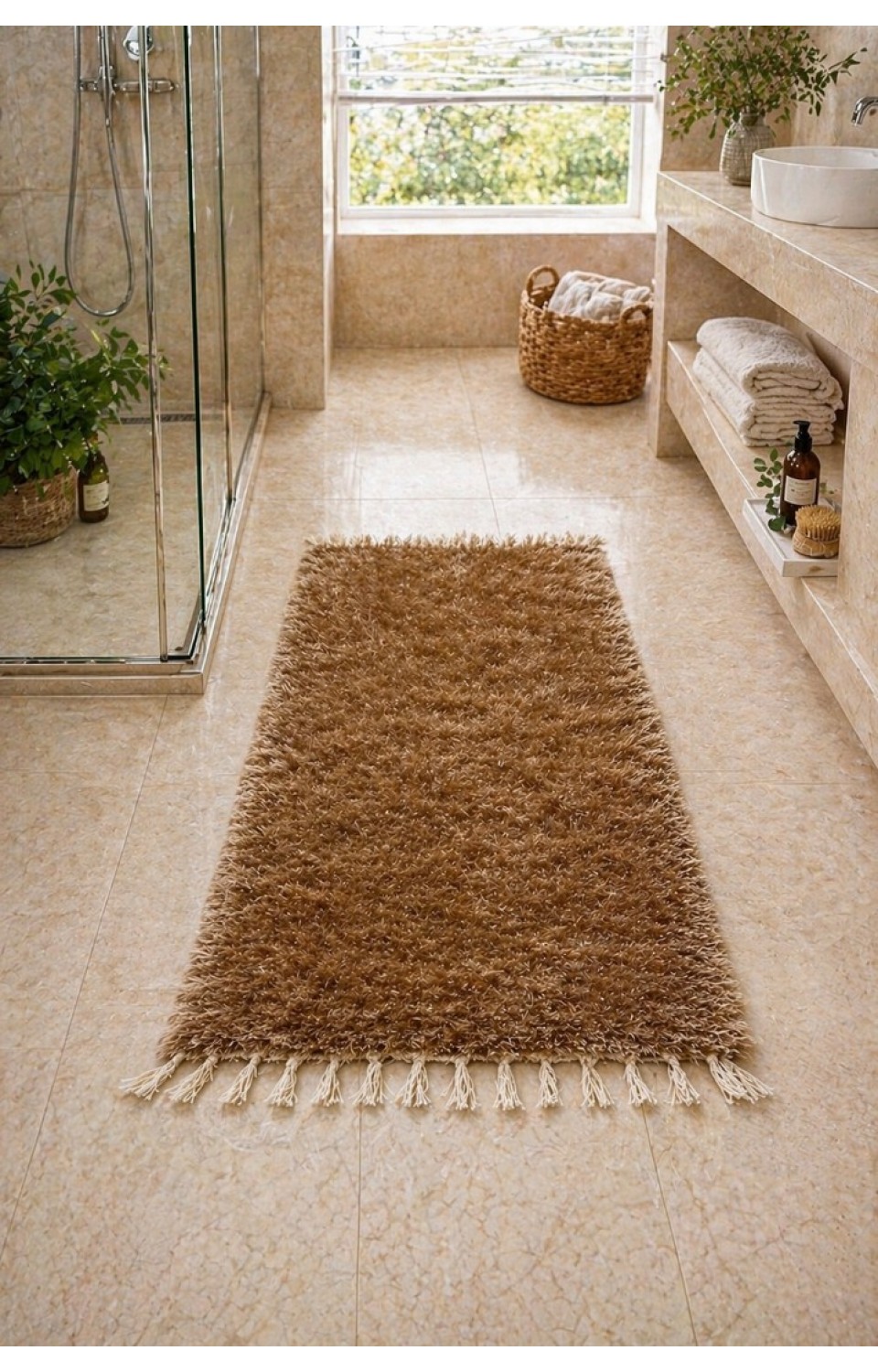 El Dokuma Bambu Viskon Yumuşak İplik 70x140 cm Peluş Halı Paspas Kahverengi
