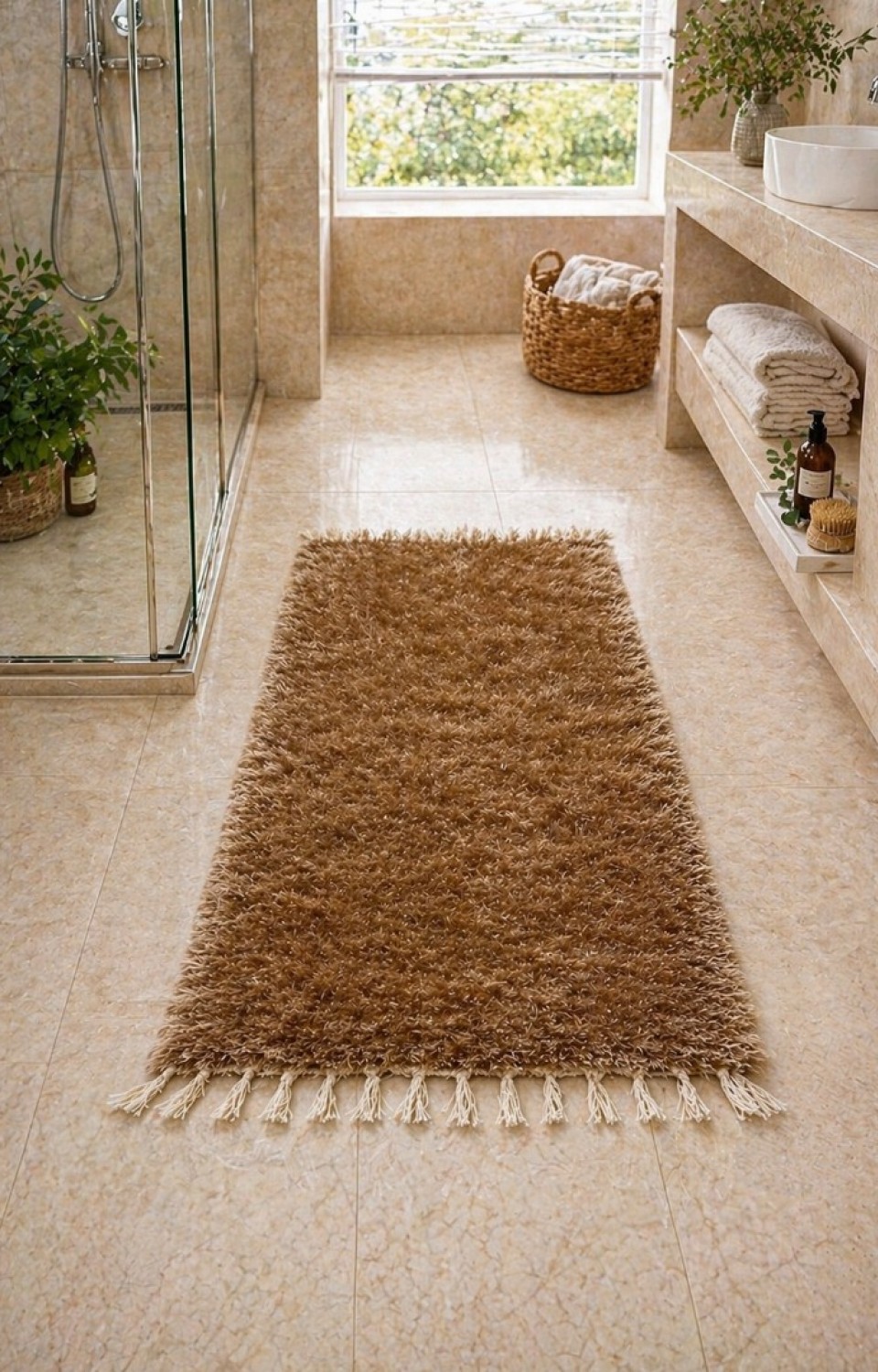 El Dokuma Bambu Viskon Yumuşak İplik 70x140 cm Peluş Halı Paspas Sütlü Kahve