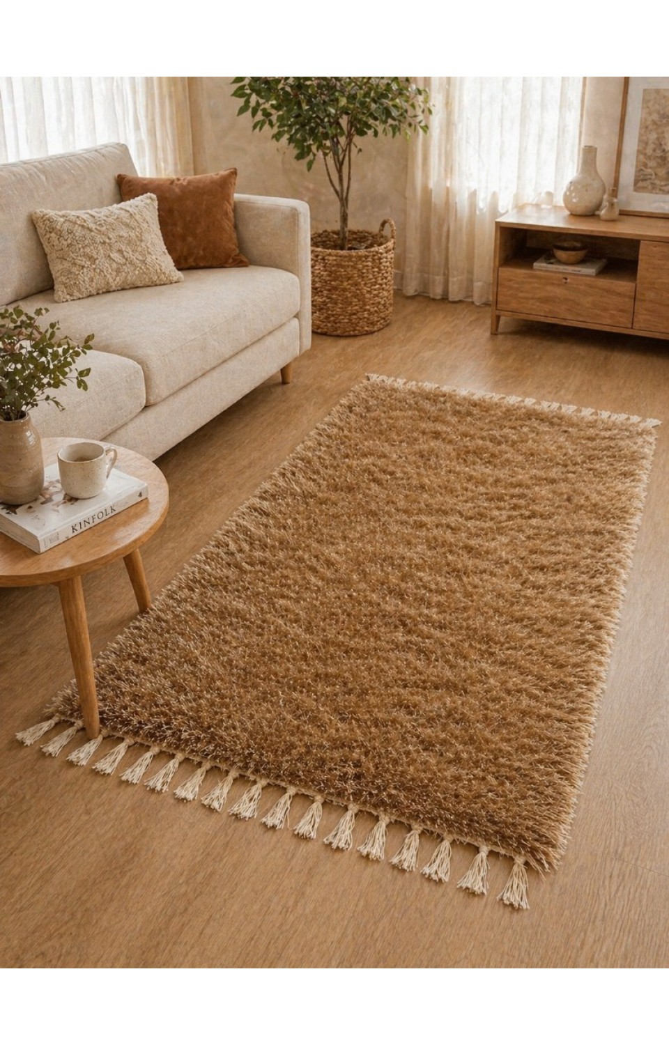 El Dokuma Bambu Viskon Yumuşak İplik 70x140 cm Peluş Halı Paspas Kahverengi