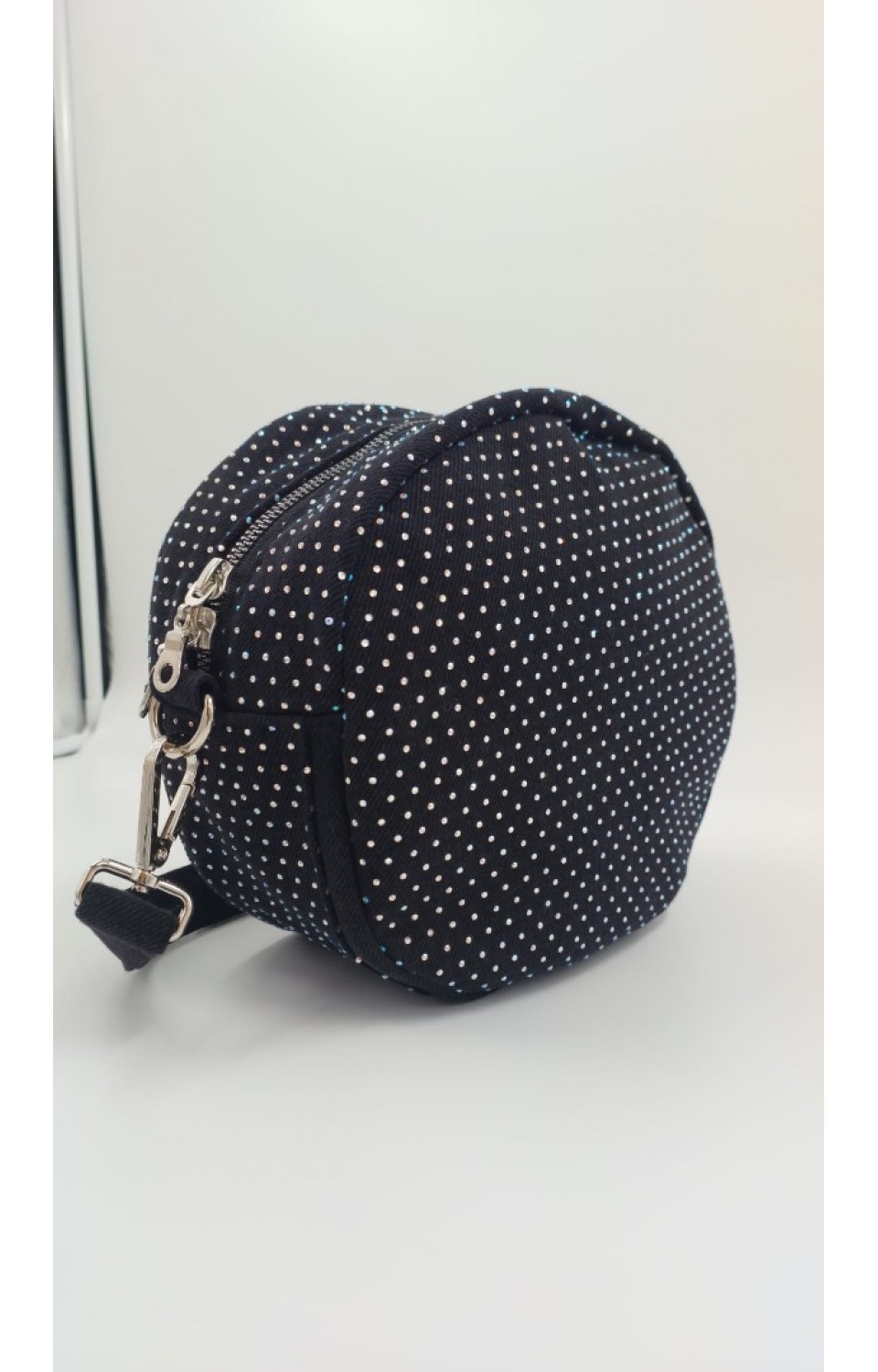 Taş İşlemeli Yuvarlak Özel Tasarım Denim Çanta