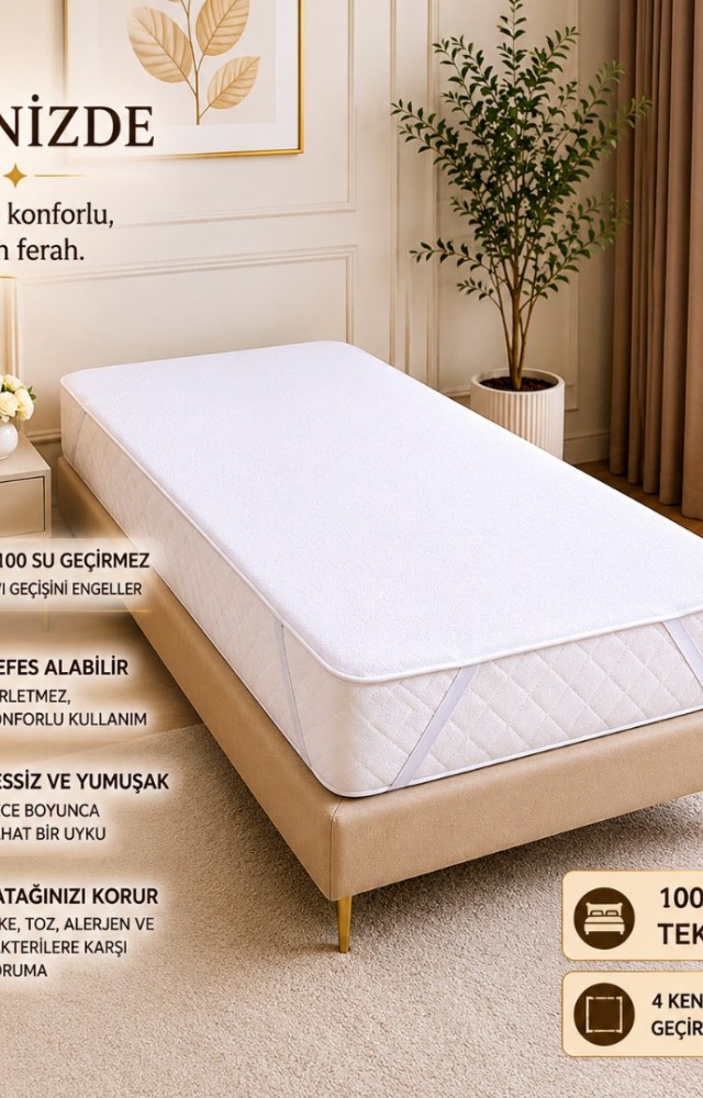 100x200 cm Üstü Örme Havlu Kumaş Alt PU Dört Kenar Lastikli Tek Kişilik Sıvı Geçirmez Yatak Koruyucu Alez