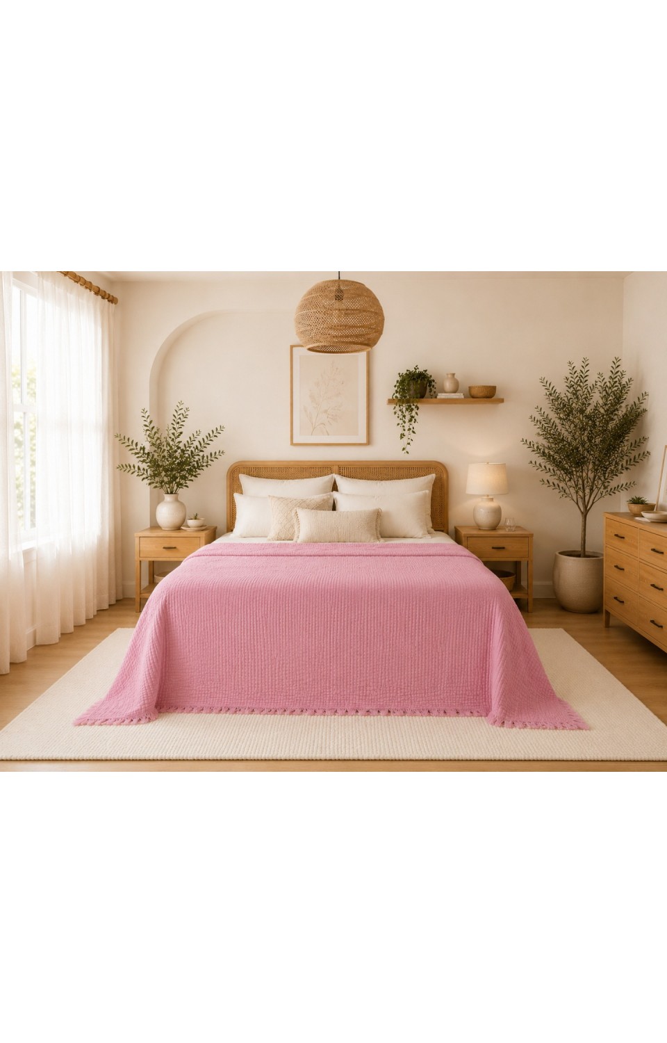 Müslin Doğal Pamuk Penye İpinden Üretilme %100 Pamuk 260x280cm Battal Boy Yatak Örtüsü Pike Pembe