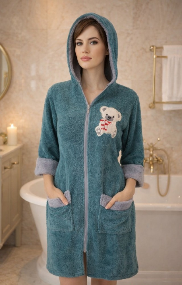 Kapüşonlu Fermuarlı Cepli Sabit Kuşak Detaylı Pamuklu Bornoz Petrol Yeşili