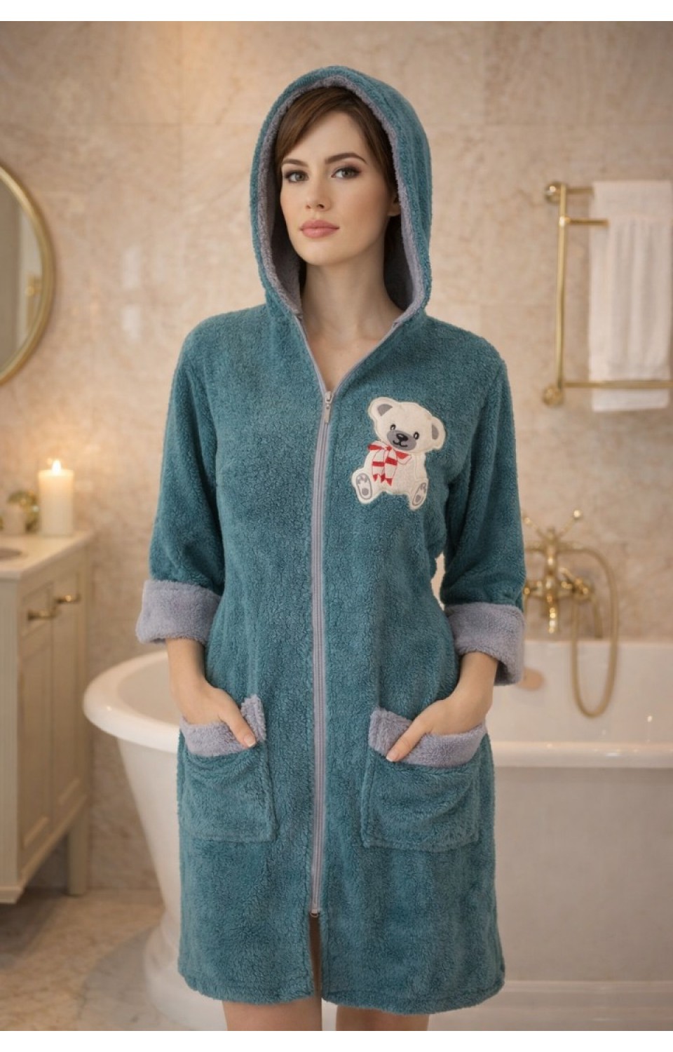 Kapüşonlu Fermuarlı Cepli Sabit Kuşak Detaylı Pamuklu Bornoz Petrol Yeşili