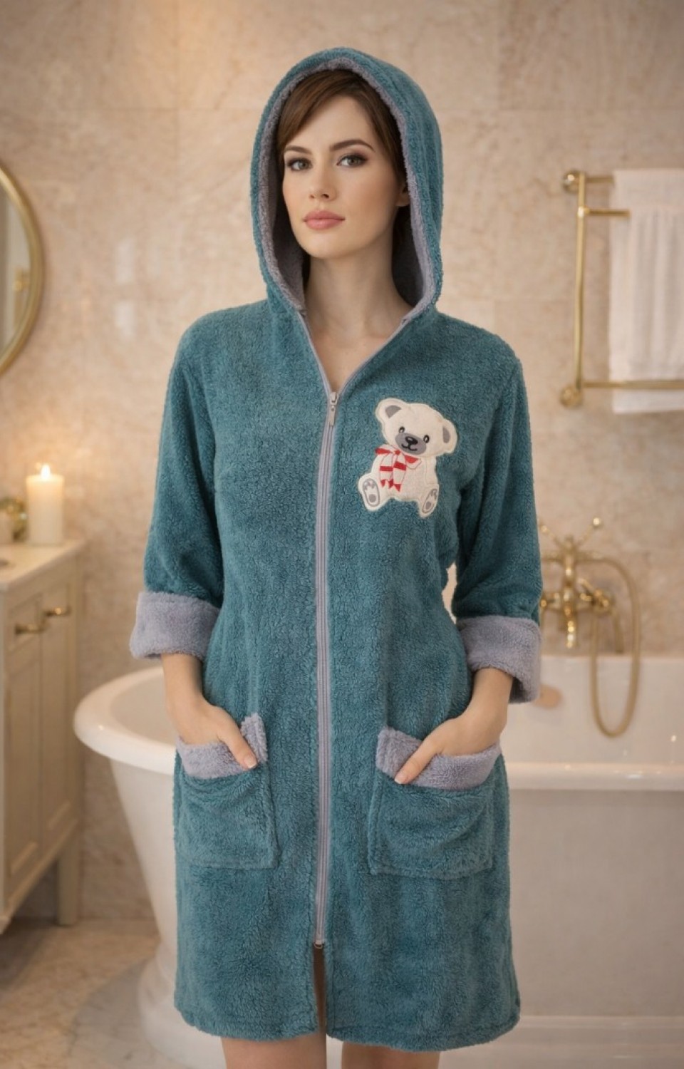 Kapüşonlu Fermuarlı Cepli Sabit Kuşak Detaylı Pamuklu Bornoz Petrol Yeşili