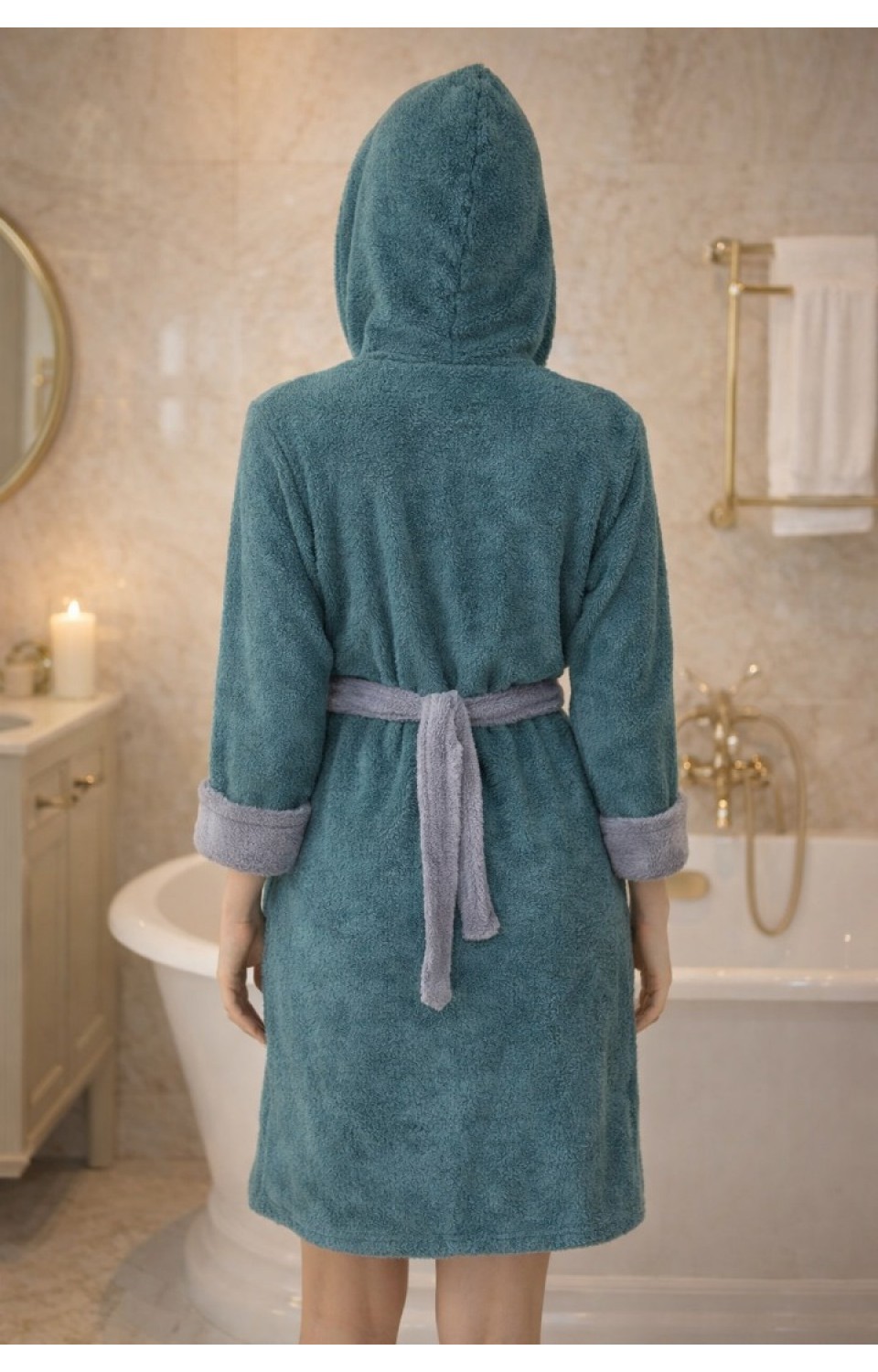 Kapüşonlu Fermuarlı Cepli Sabit Kuşak Detaylı Pamuklu Bornoz Petrol Yeşili