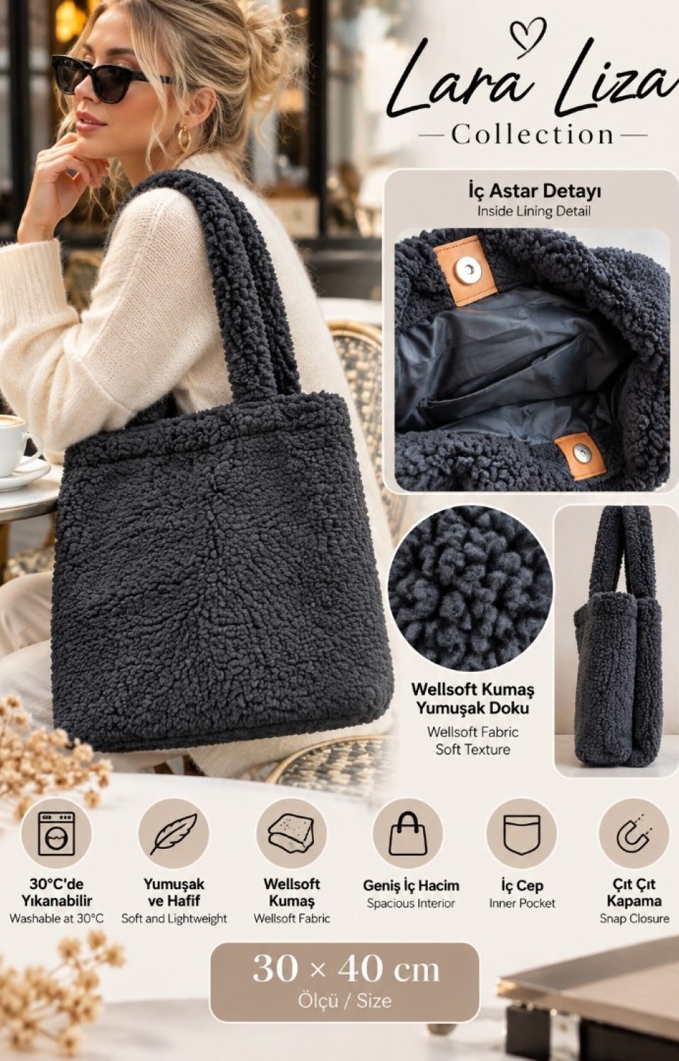 Wellsoft Yüksek Premium Kalite 40x35 cm Astarlı Çanta Siyah