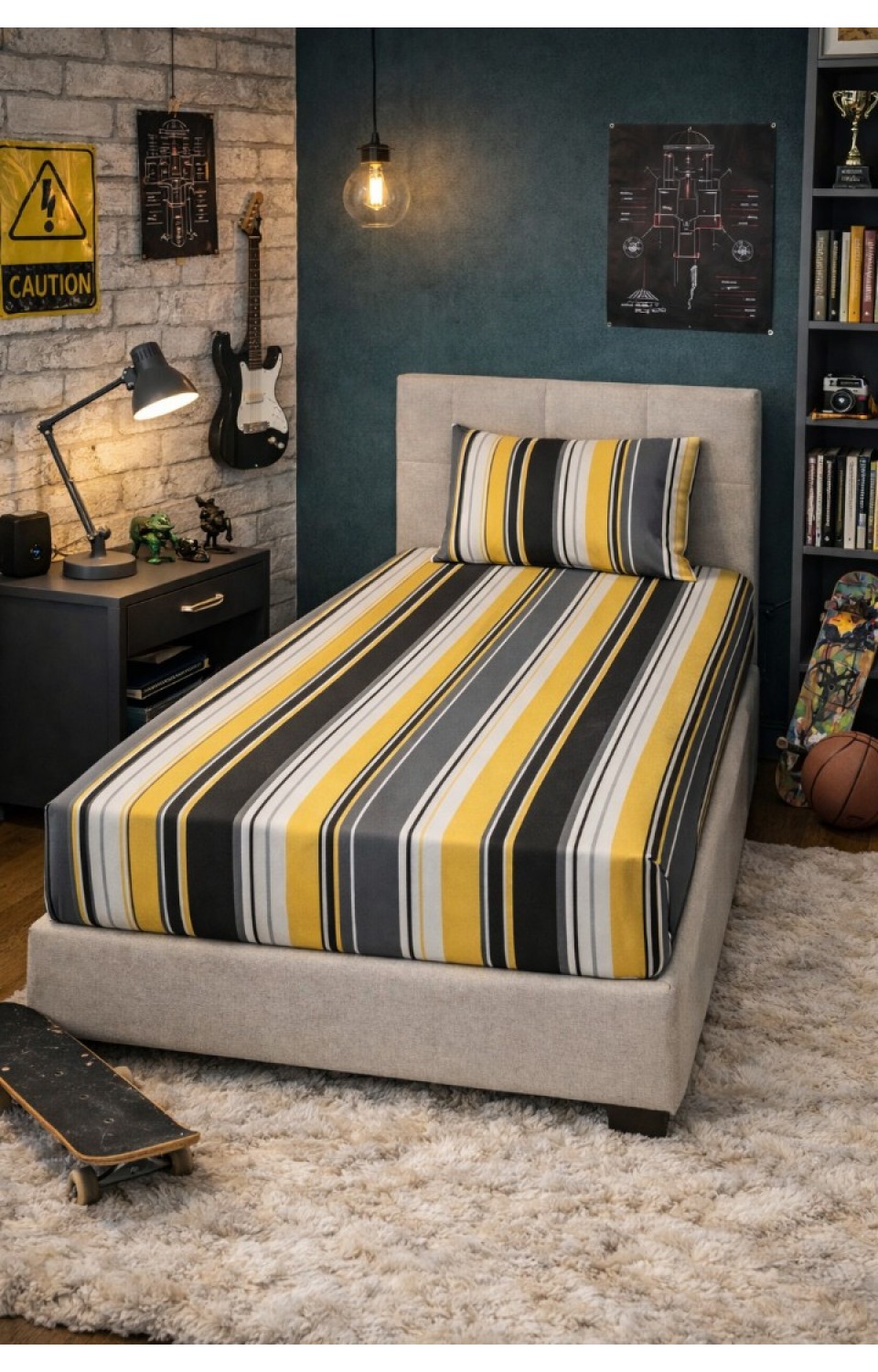 Çizgili 1 Adet Lastikli Çarşaf 1 Adet Yastık Kılıfı Penye Tek Kişilik Çarşaf Takımı