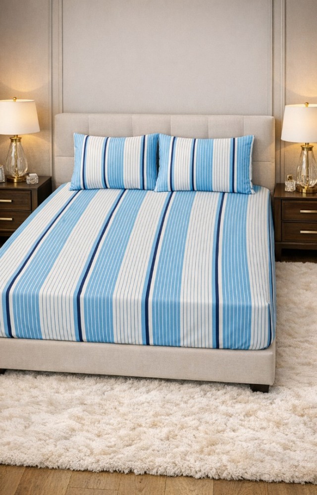 Çizgili 1 Adet Lastikli Çarşaf 2 Adet Yastık Kılıfı Penye Çift Kişilik Çarşaf Takımı