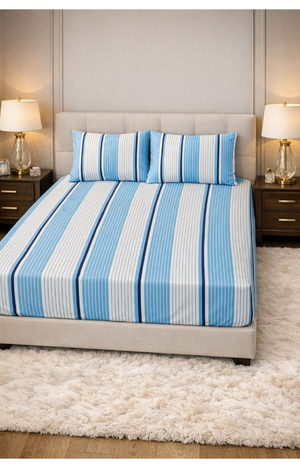 Çizgili 1 Adet Lastikli Çarşaf 2 Adet Yastık Kılıfı Penye Çift Kişilik Çarşaf Takımı