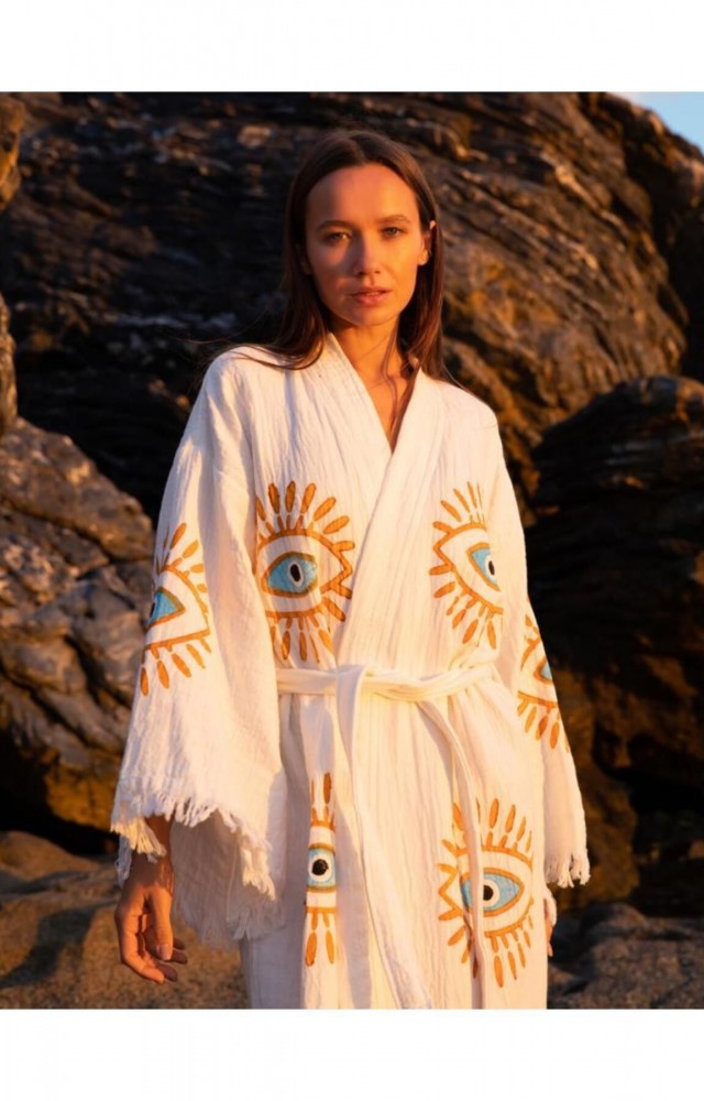 Göz Figür Desen Baskılı Müslin Kaftan Kimono Peştemal Bornoz (BOYU 125 CM)