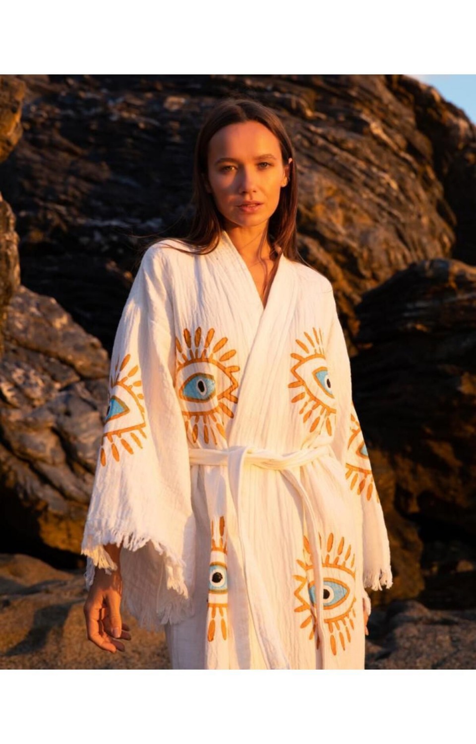 Göz Figür Desen Baskılı Müslin Kaftan Kimono Peştemal Bornoz (BOYU 125 CM)