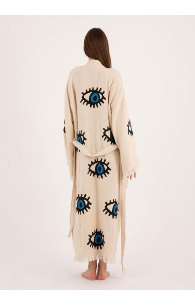 Göz Figür Desen Baskılı Müslin Kaftan Kimono Peştemal Bornoz (BOYU 125 CM)