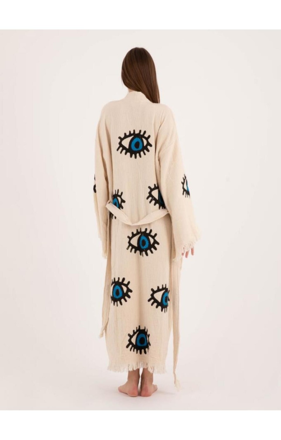 Göz Figür Desen Baskılı Müslin Kaftan Kimono Peştemal Bornoz (BOYU 125 CM)