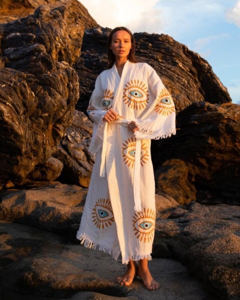 Göz Figür Desen Baskılı Kaftan Kimono Peştemal Bornoz (BOYU 125 CM)