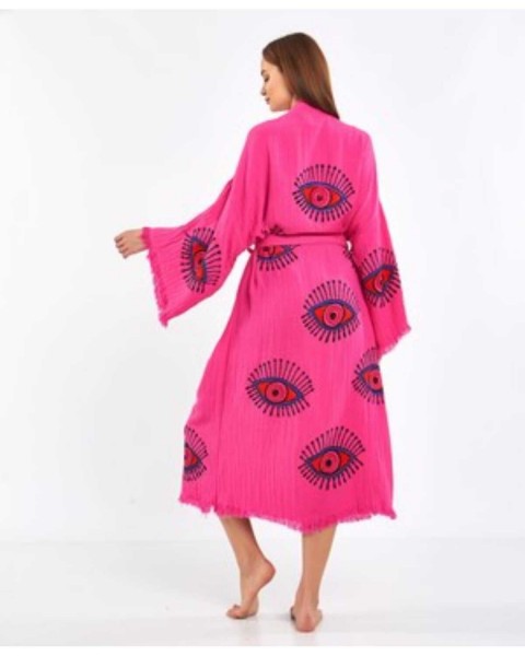 Göz Figür Desen Baskılı Kaftan Kimono Peştemal Bornoz (BOYU 125 CM)
