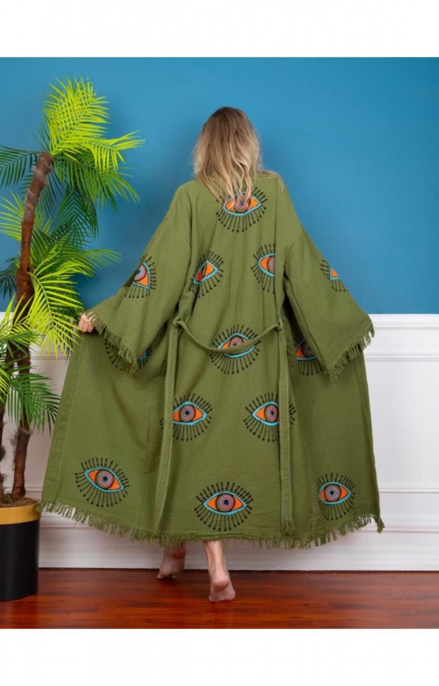 Göz Figür Desen Baskılı  Müslin Kaftan Kimono Peştemal Bornoz (BOYU 125 CM)