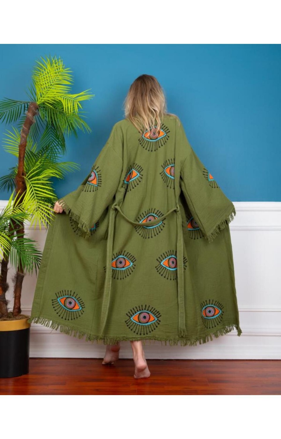 Göz Figür Desen Baskılı  Müslin Kaftan Kimono Peştemal Bornoz (BOYU 125 CM)