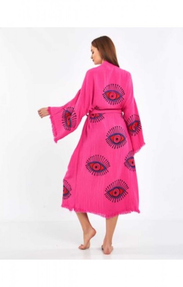 Göz Figür Desen Baskılı Müslin Kaftan Kimono Peştemal Bornoz (BOYU 125 CM)